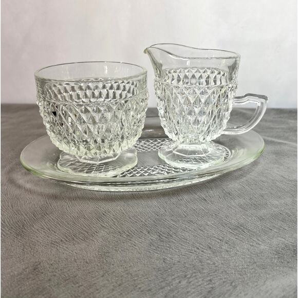Vintage Indiana Glass Clear Diamond Point 3 Piece Sugar Creamer & Tray Set W/Box - Picture 2 of 7